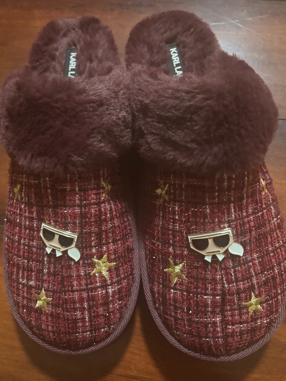 Karl Lagerfeld Burgundy Tweed Faux-Fur Star Slip-On Slippers